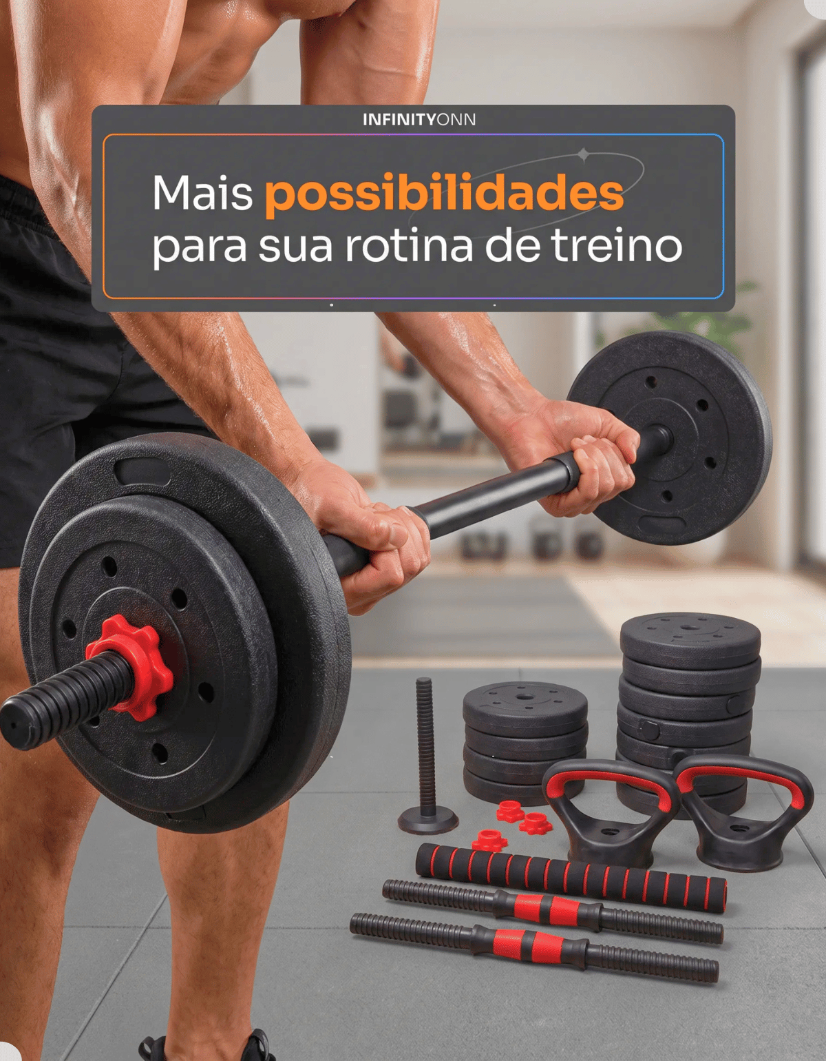 Kit Halteres Ajustável 6 em 1 Lauben em uso durante treino com barra e anilhas