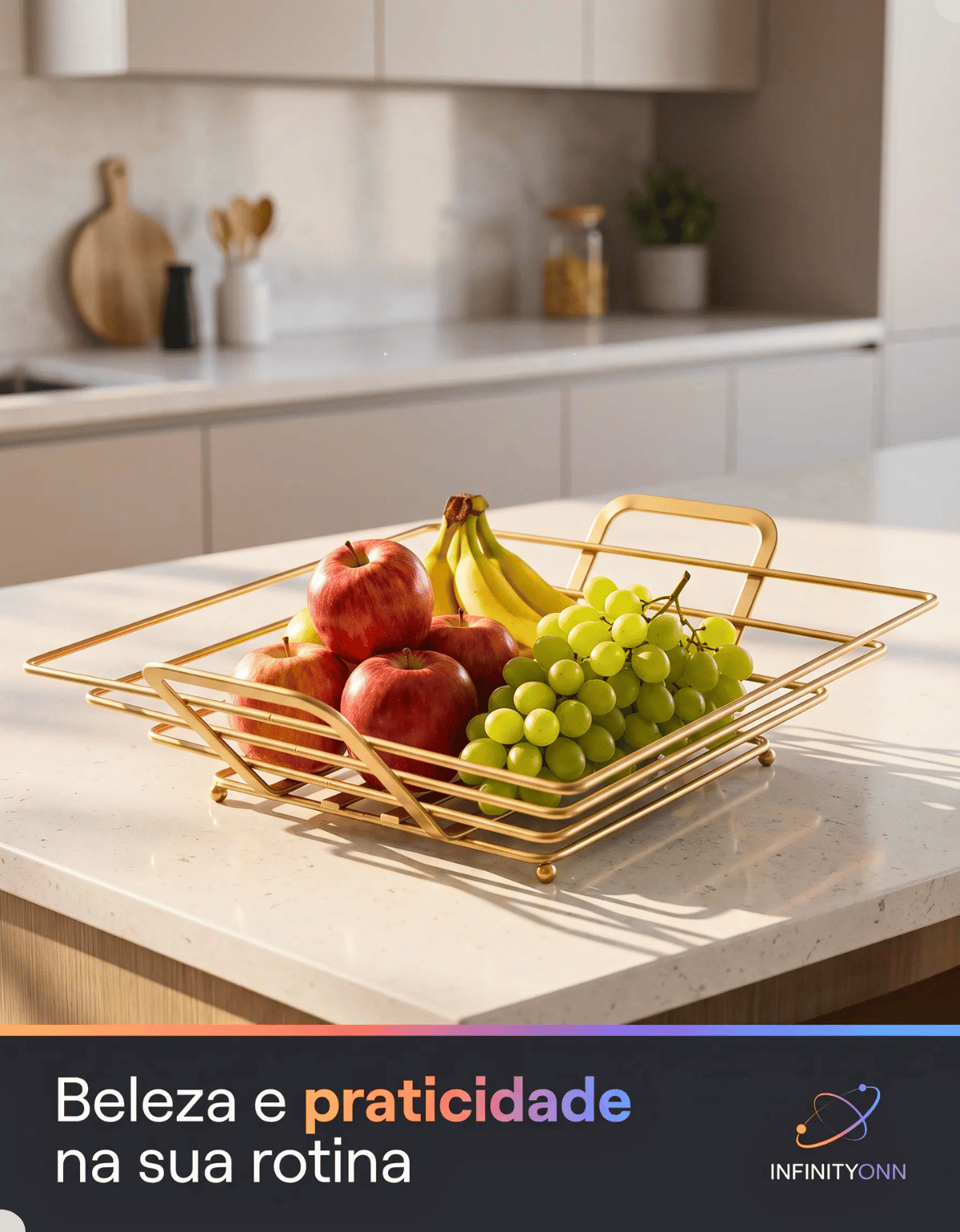 Fruteira Arthi Gold Dourada com frutas sobre bancada em ambiente de cozinhaProduct Image