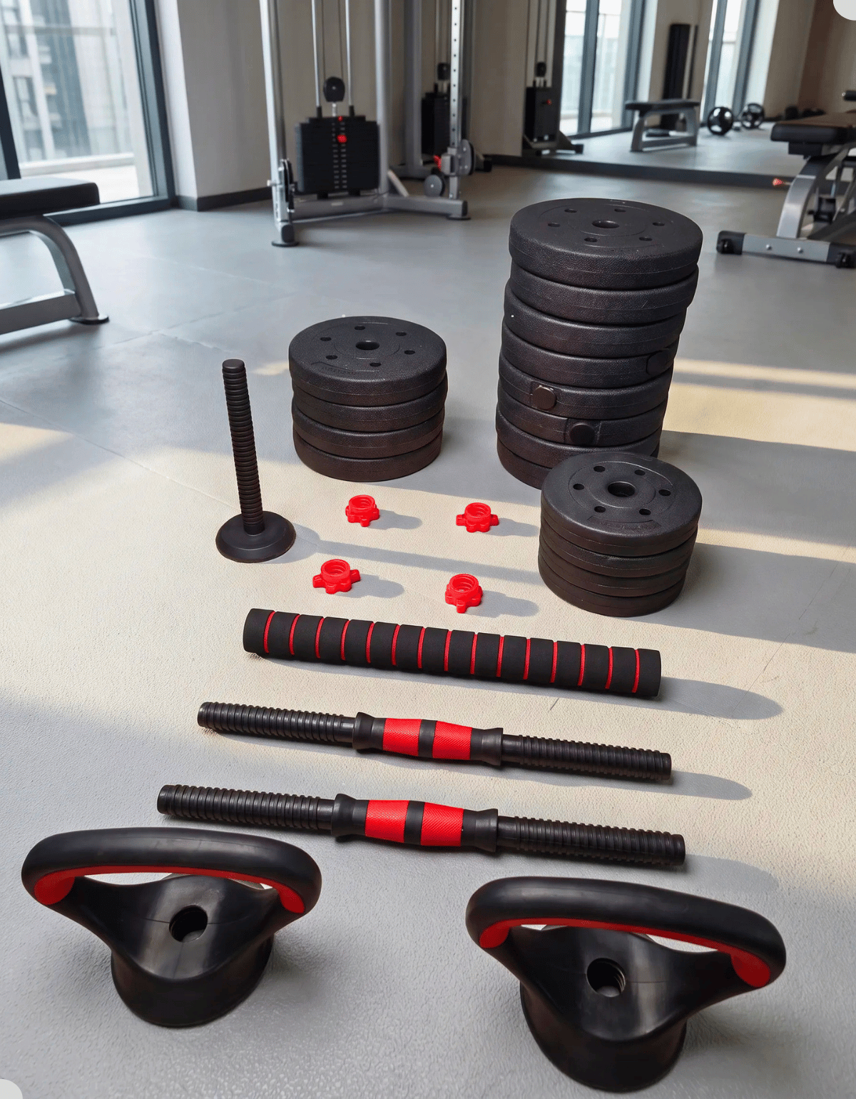 Kit Halteres Ajustável 6 em 1 Lauben preto e vermelho com anilhas, barras roscadas e componentes Kettlebell