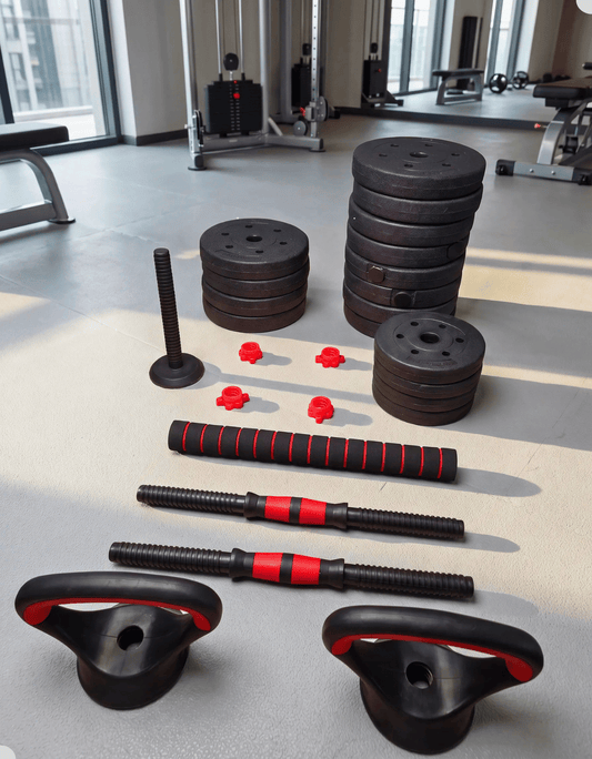 Kit Halteres Ajustável 6 em 1 Lauben preto e vermelho com anilhas, barras roscadas e componentes Kettlebell