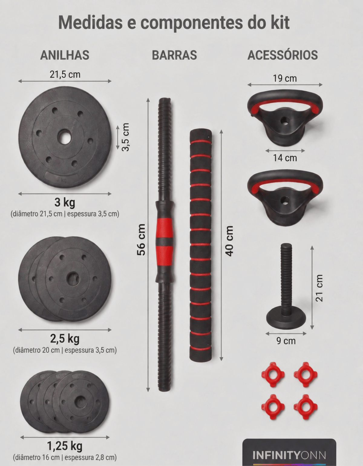 Medidas e componentes do Kit Halteres Ajustável 6 em 1 Lauben com anilhas, barras e acessórios Kettlebell