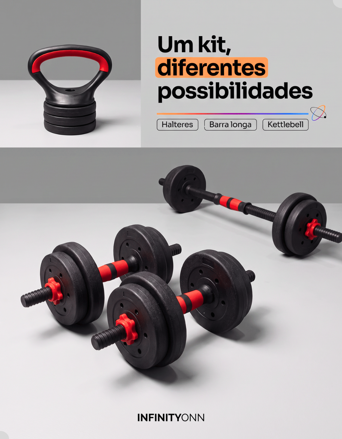 Kit Halteres Ajustável 6 em 1 Lauben em configurações de halteres, barra longa e Kettlebell